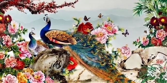 Peacocks in the Peony Garden