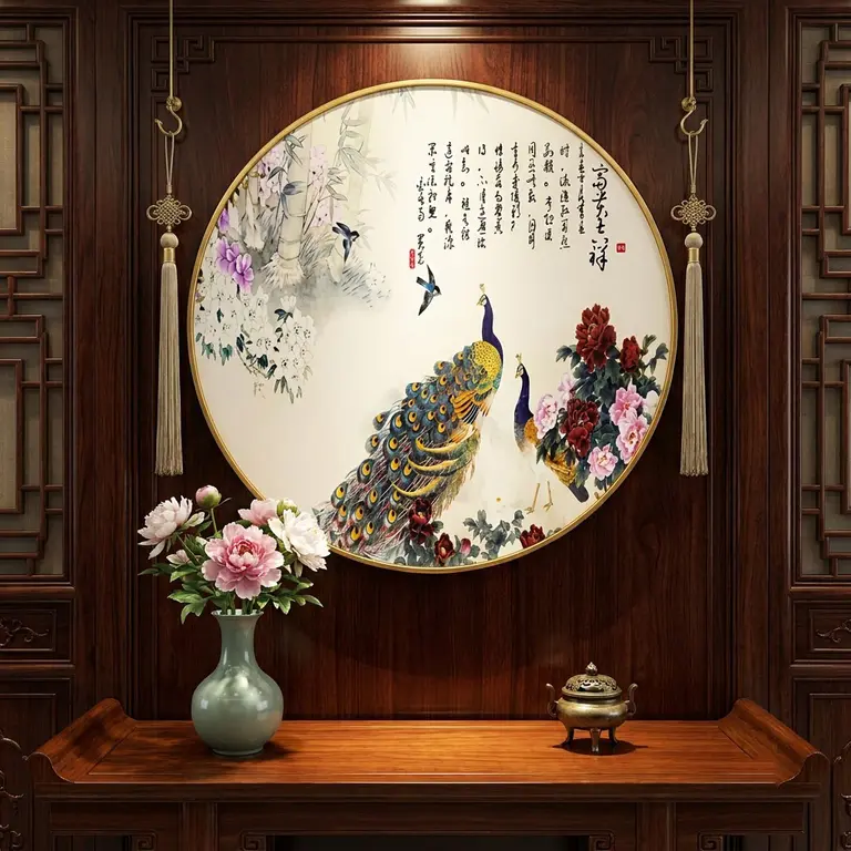 Peacocks in the Peony Garden Circular Art